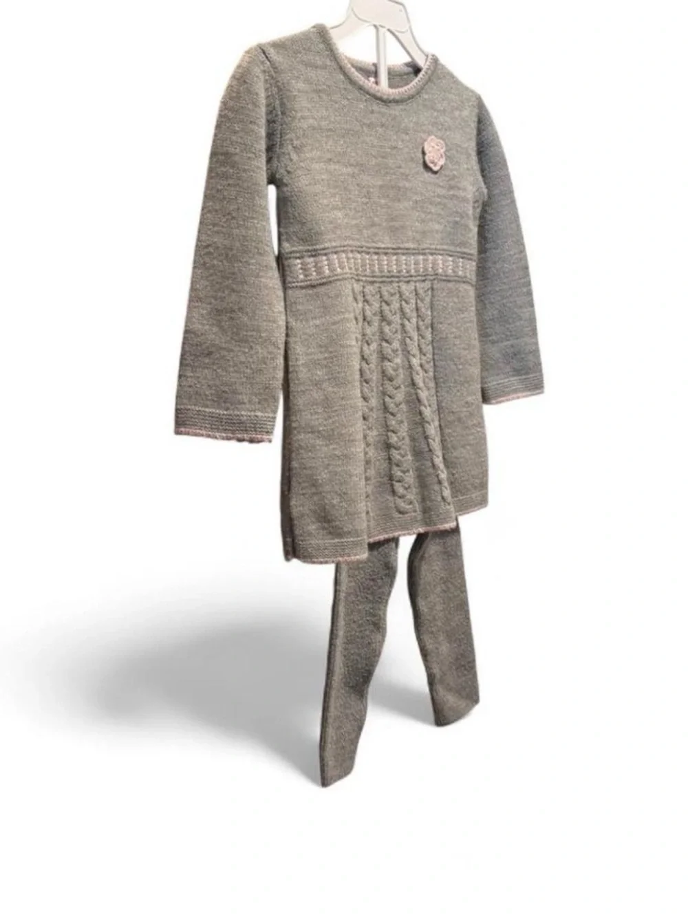 Girls' Gray Knit Dress & Leggings Set with Pink Trim